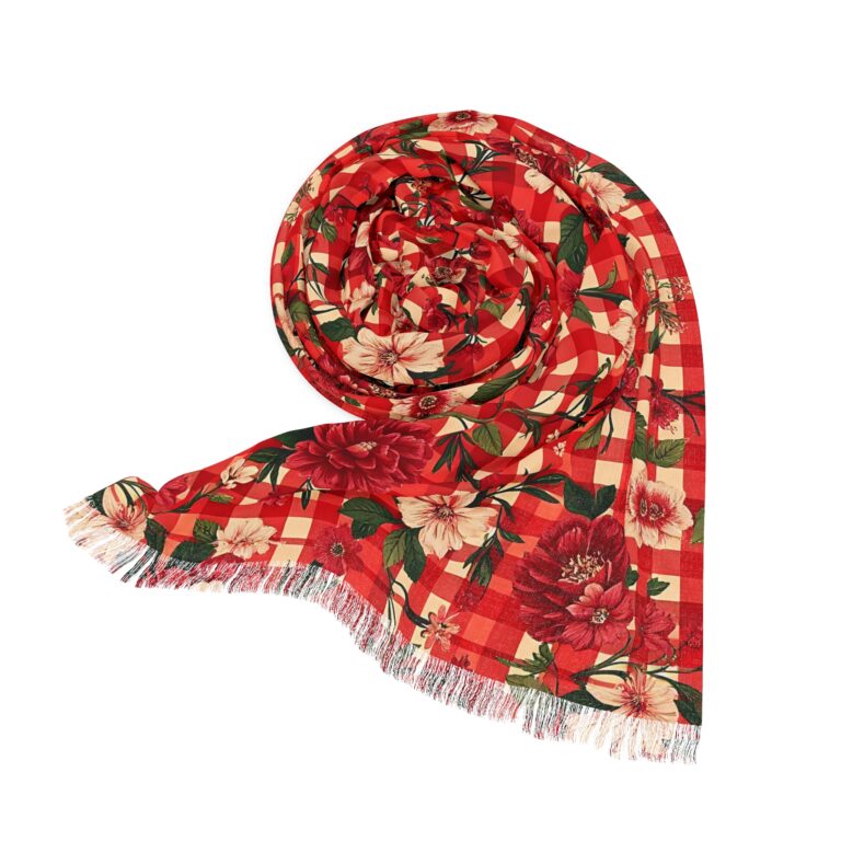 Rustic Romance β Vintage Cottagecore Red Check & Roses Light Scarf