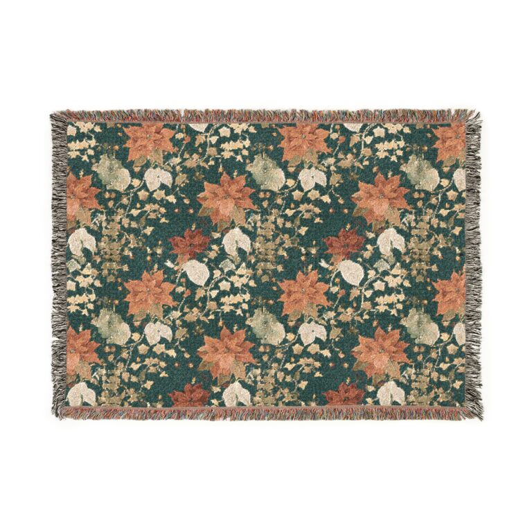 Cozy Woven Throw with Antique Poinsettia & Ivy Christmas Design