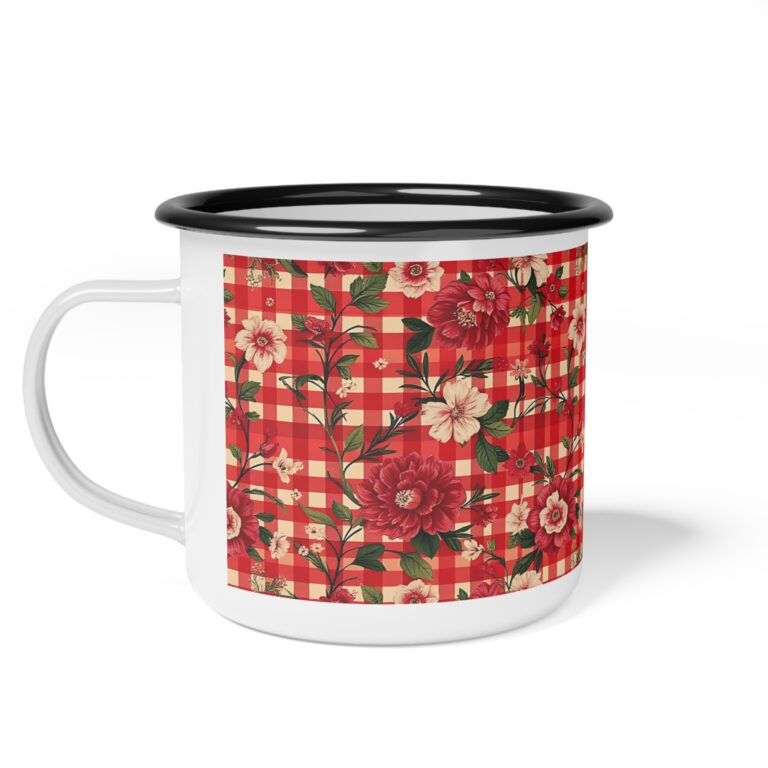 Rustic Country Rose Gingham Camp Mug, Vintage Cottagecore Style