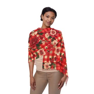 Rustic Romance – Vintage Cottagecore Red Check & Roses Light Scarf
