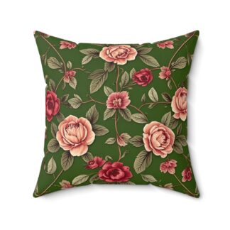Vintage Rose Garden Faux Suede Square Pillow - Victorian Green Decor