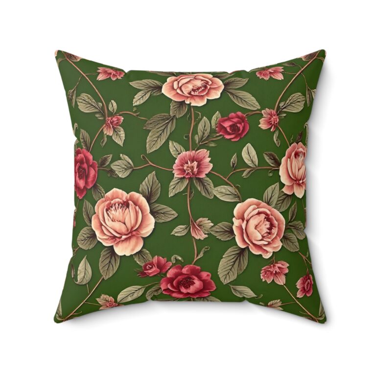 Vintage Rose Garden Faux Suede Square Pillow – Victorian Green Decor
