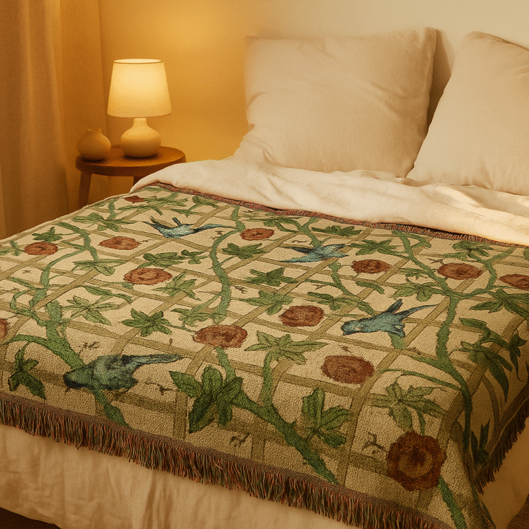 William Morris Woven Blanket ‘Trellis’ – Nature-Inspired Home Decor, Cozy Bohemian Throw