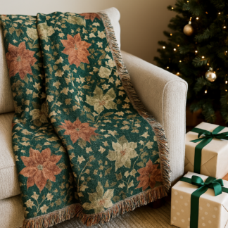 Cozy Woven Throw with Antique Poinsettia & Ivy Christmas Design