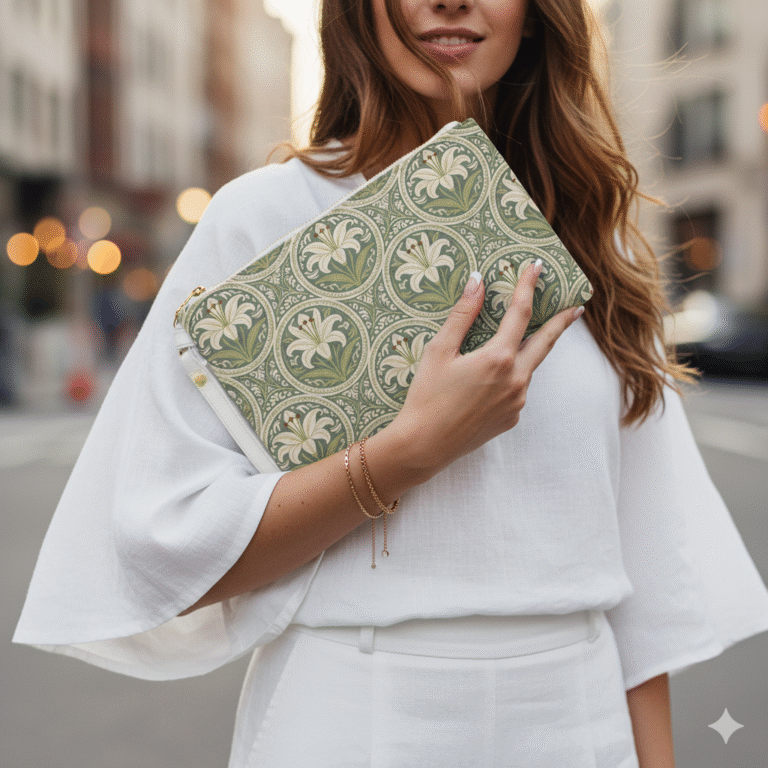 Elegant William Morris Style Lily Clutch Bag – Timeless Botanical Sophistication