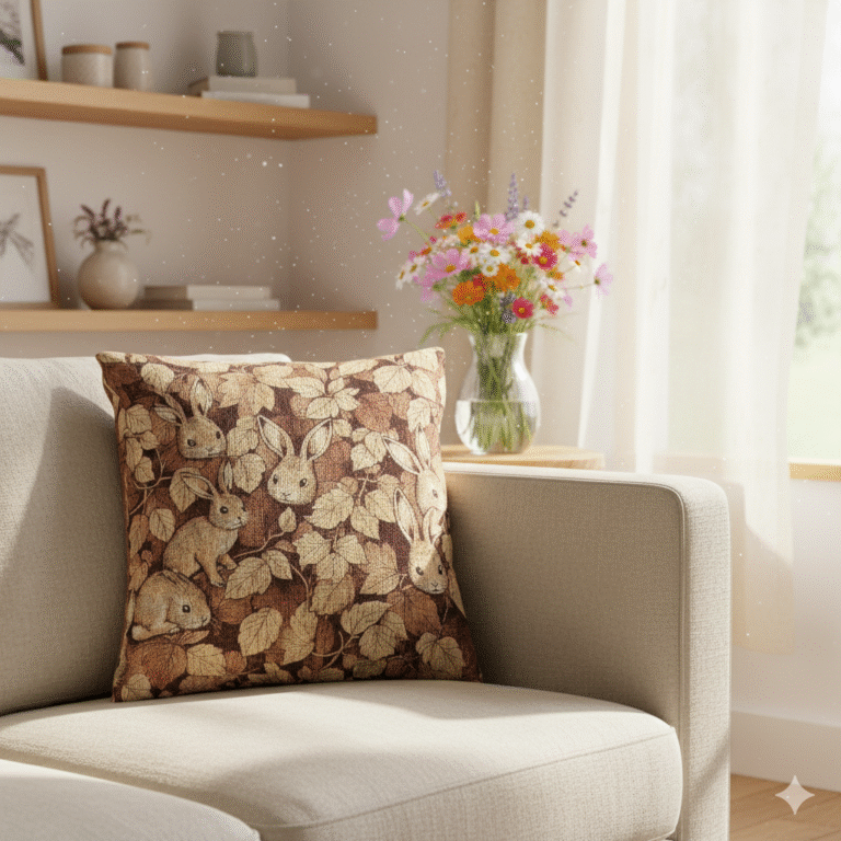 Charming Woodland Rabbits Woven Pillow – Cozy Whimsy for Every Home