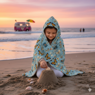 Butterfly Youth Hooded Towel - Whimsical Art Nouveau Butterflies Dance Across a Sky of Dreams