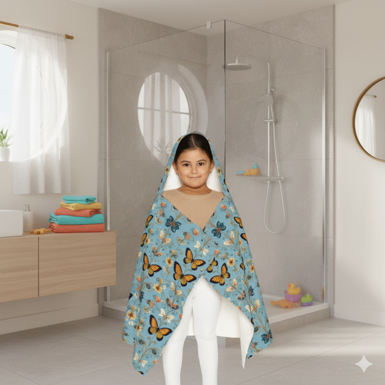 Butterfly Youth Hooded Towel – Whimsical Art Nouveau Butterflies Dance Across a Sky of Dreams