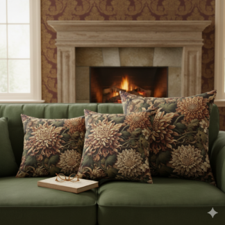 Vintage Chrysanthemum Faux Suede Pillow – William Morris Art Nouveau Floral Cushion