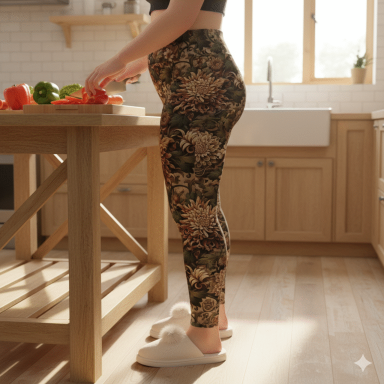 Plus Size Leggings with William Morris–Inspired Chrysanthemum Floral – Vintage Botanical Activewear