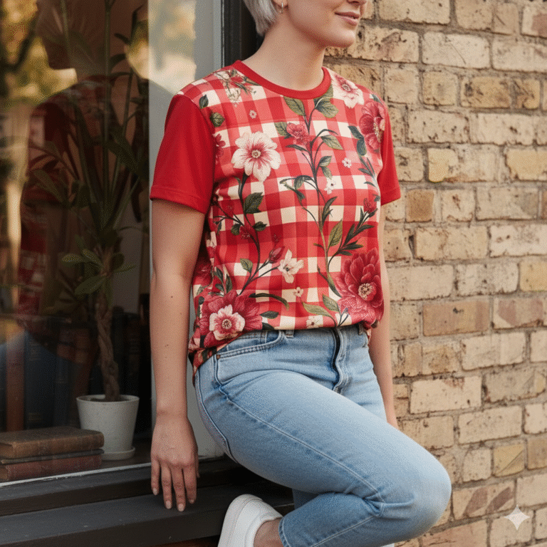 Floral Checkered Short Sleeve Shirt, Botanical Gingham Summer Top