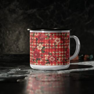 Rustic Country Rose Gingham Camp Mug, Vintage Cottagecore Style
