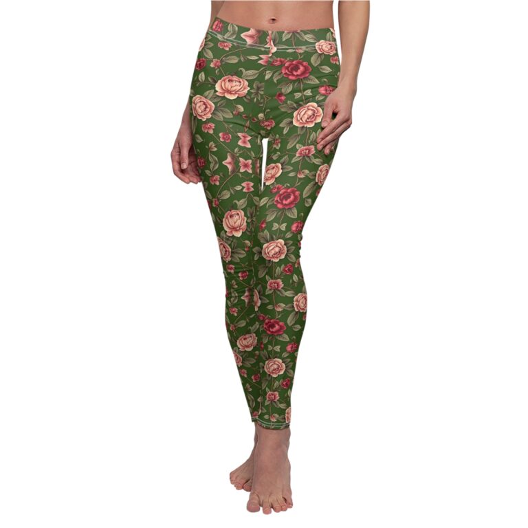 Romantic Rose Garden Victorian Floral Leggings in Victorian Green