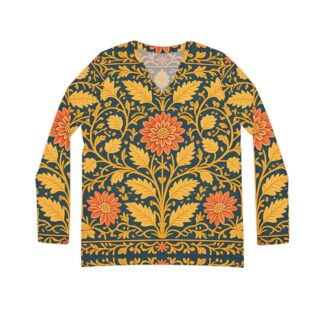 Bohemian Floral Women's Long Sleeve V-Neck Shirt, Autumn Radiance in Bloom