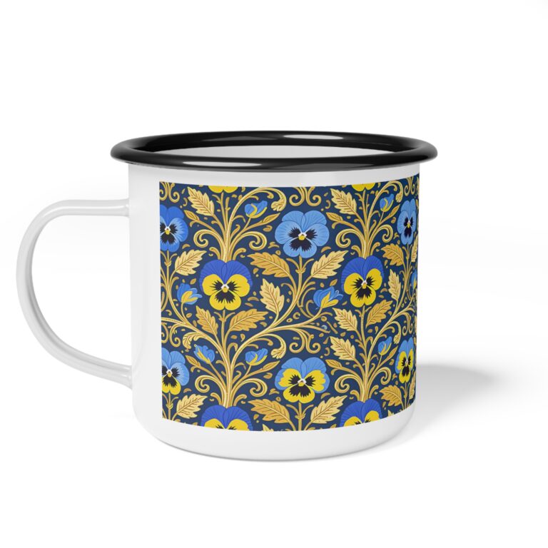 Victorian Pansy Garden Enamel Camping Mug — A Touch of William Morris Romance