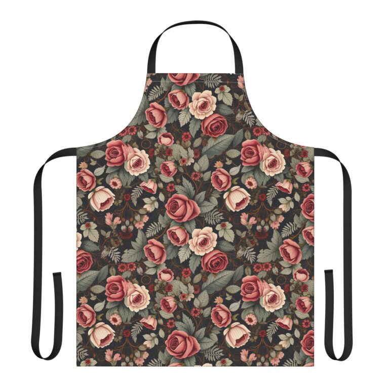 Floral Rose Vintage Kitchen Apron — Victorian-Inspired Dark Garden Pattern