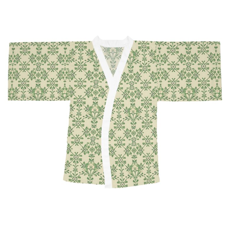Floral Green Vintage Kimono Robe β Lightweight Long-Sleeve Loungewear, A Poetic Floral Sanctuary