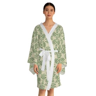 Floral Green Vintage Kimono Robe — Lightweight Long-Sleeve Loungewear, A Poetic Floral Sanctuary