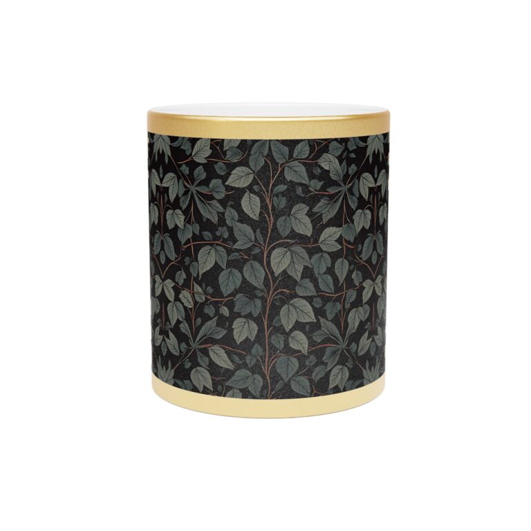 Moonlit Botanicals and Luxury  — Black Victorian Gold Accent Mug, Vintage Botanical Leaf Pattern