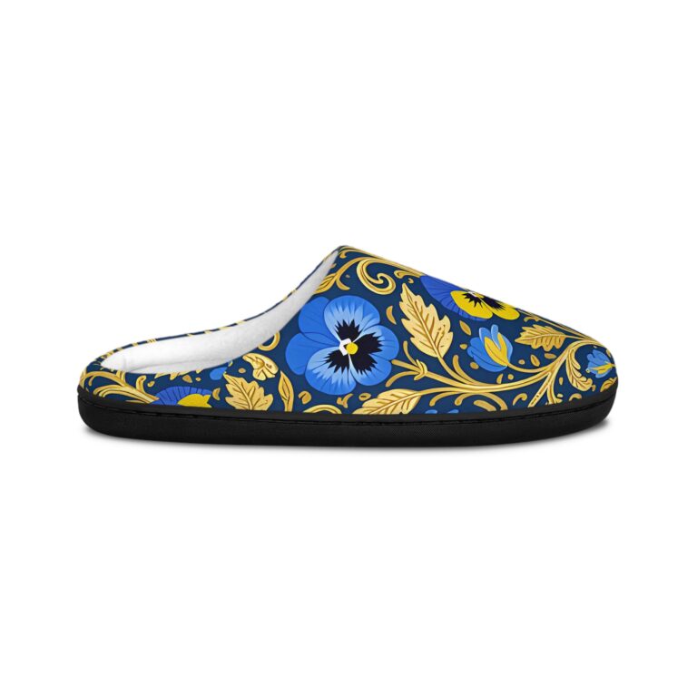 Floral Pansy Indoor Slippers — Blue & Gold Victorian Pansy Pattern Cozy House Shoes
