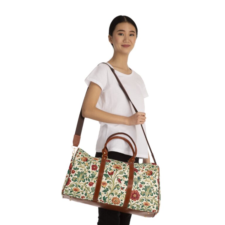Floral Canvas Weekender Bag — Waterproof Travel Duffle with Vintage Terracotta Botanical Print