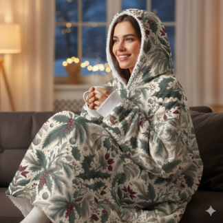 Cozy Floral Unisex Hooded Blanket Wrapped In Heritage Winter Botanical Wilderness, Plush & Warm