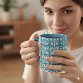 Teal Floral Tile Accent Coffee Mug — Sipping Art in a Quiet Morning Hour