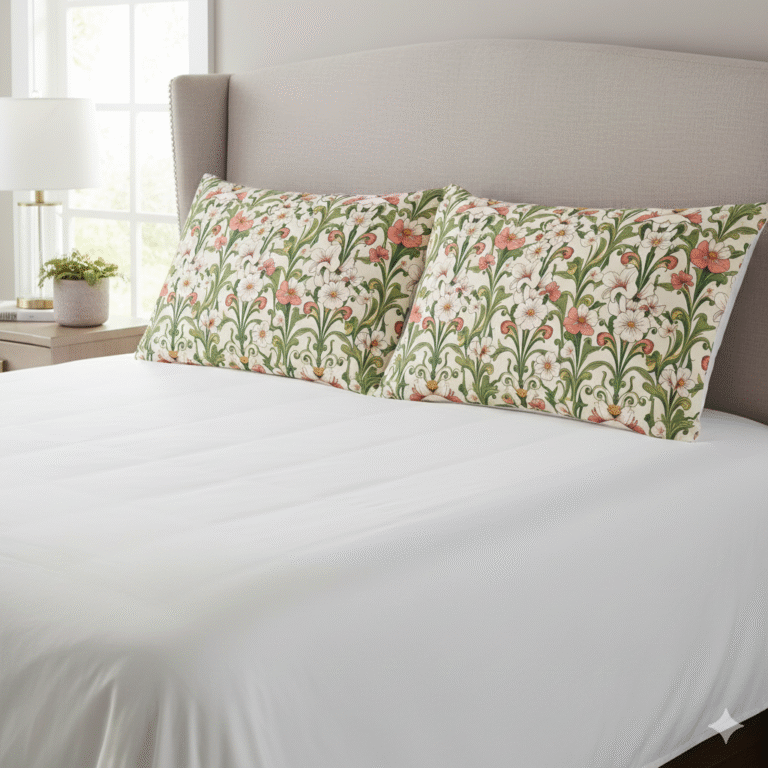 Floral Vintage Microfiber Pillow Case — Pink & Green Art Nouveau Botanical Pattern