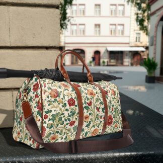 Floral Canvas Weekender Bag — Waterproof Travel Duffle with Vintage Terracotta Botanical Print