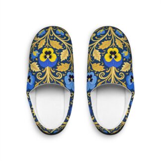 Floral Pansy Indoor Slippers — Blue & Gold Victorian Pansy Pattern Cozy House Shoes