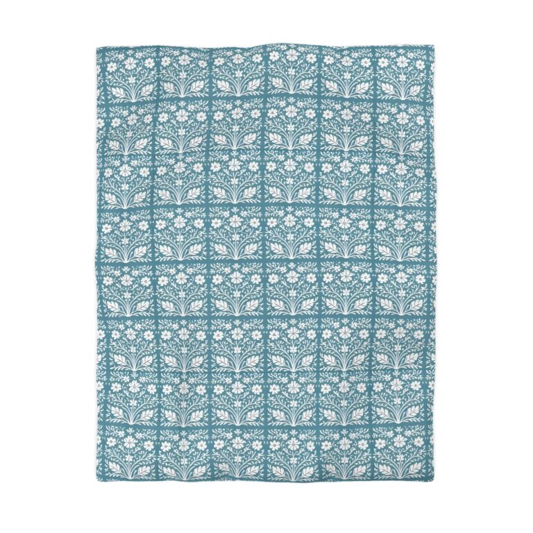 Floral Tile Duvet Cover, Teal Botanical Pattern — Draped in a Tapestry of Dream