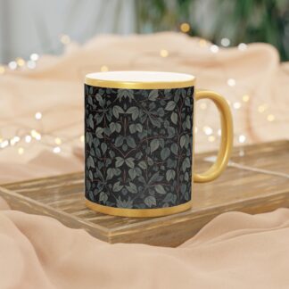 Moonlit Botanicals and Luxury  — Black Victorian Gold Accent Mug, Vintage Botanical Leaf Pattern