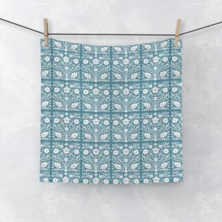 Botanical Tile Face Towel — Teal Floral Patterned Washcloth — A Gentle Caress of Everyday Art