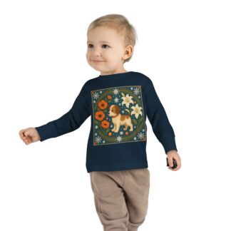 Toddler Tee — Retro Floral Puppy Illustration Long Sleeve Kids Shirt