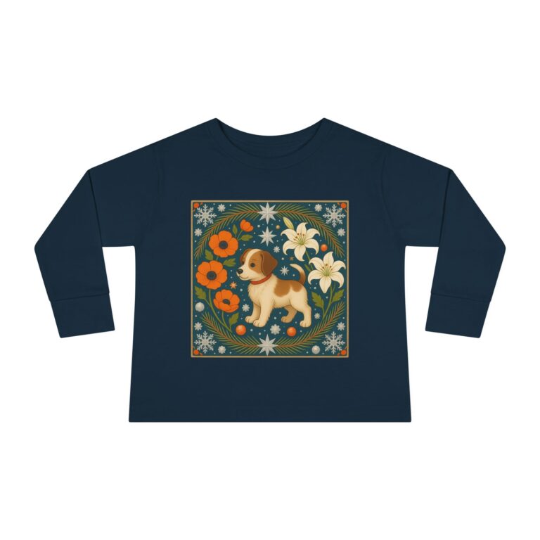 Toddler Tee β Retro Floral Puppy Illustration Long Sleeve Kids Shirt