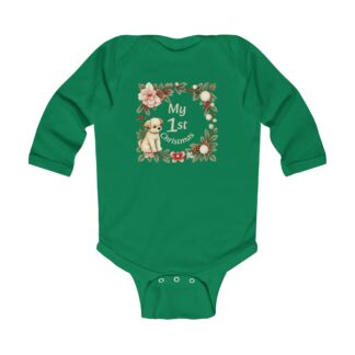 My 1st Christmas Infant Bodysuit - Floral Puppy Green Red Navy Long Sleeve Baby Onesie
