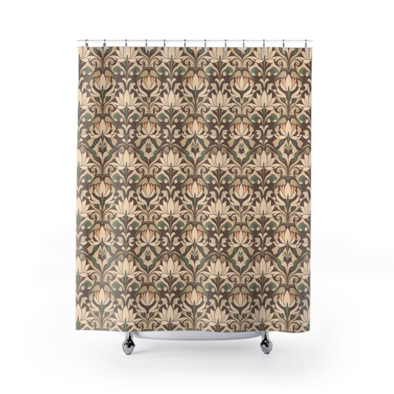 Vintage Floral Shower Curtain — Earthy Art Nouveau Lotus Pattern Water Lilies in Bronze Tones