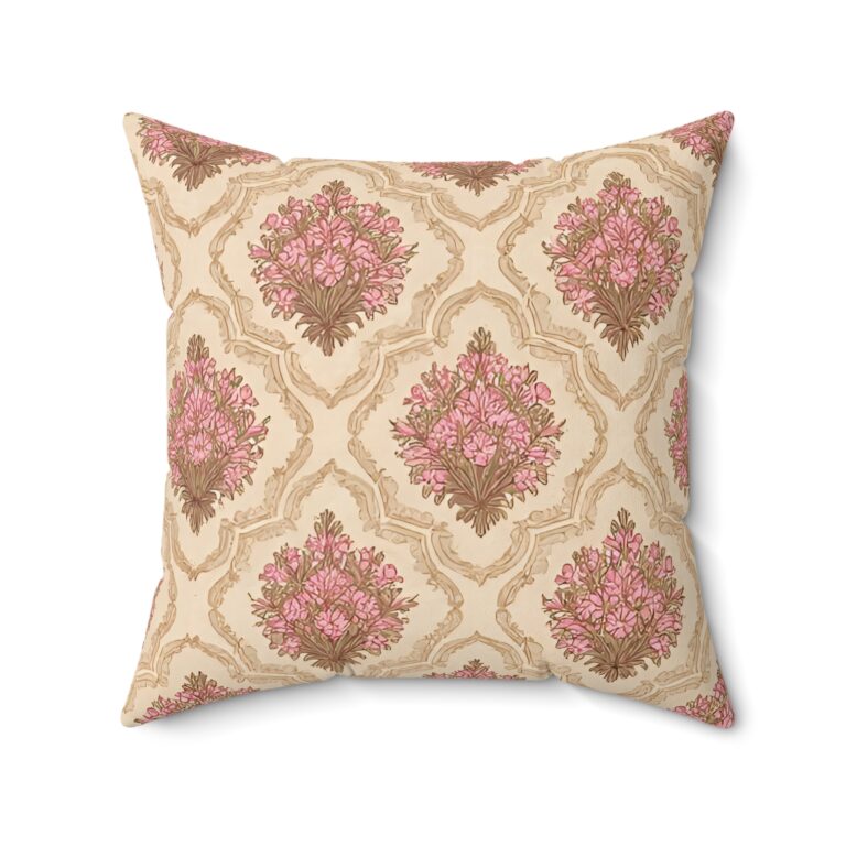 Vintage Pink Floral Damask Pillow – Faux Suede Square Throw Cushion