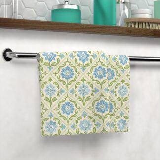 Morris's Soft Touch: Blue Green Floral Face Towel — Vintage Tile Pattern