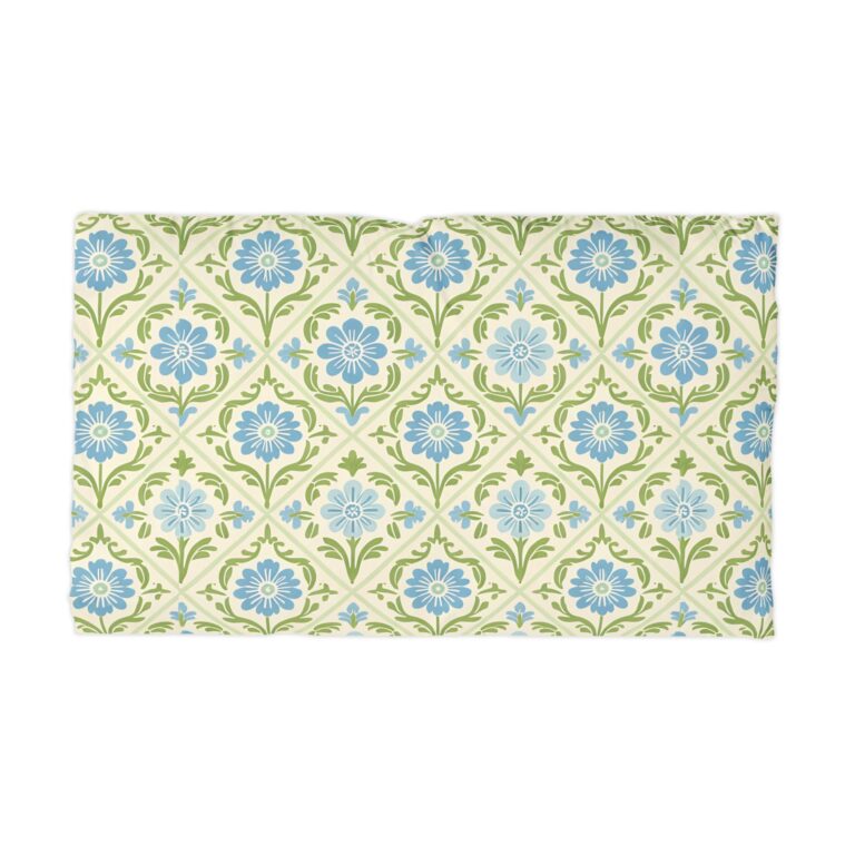 Floral Tile Microfiber Pillow Case — Blue & Green Patterned Decorative Pillow Cover
