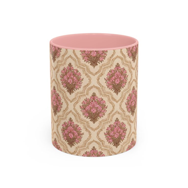 Floral Bouquet Vintage Coffee Mug — Pink Blush Damask Pattern (11/15oz)