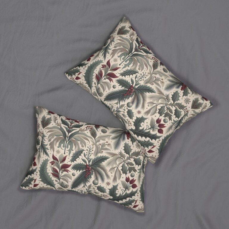Botanical Vintage Lumbar Pillow — Holiday Holly & Fern Pattern Captures Enchanted Victorian Yuletide Botanicals