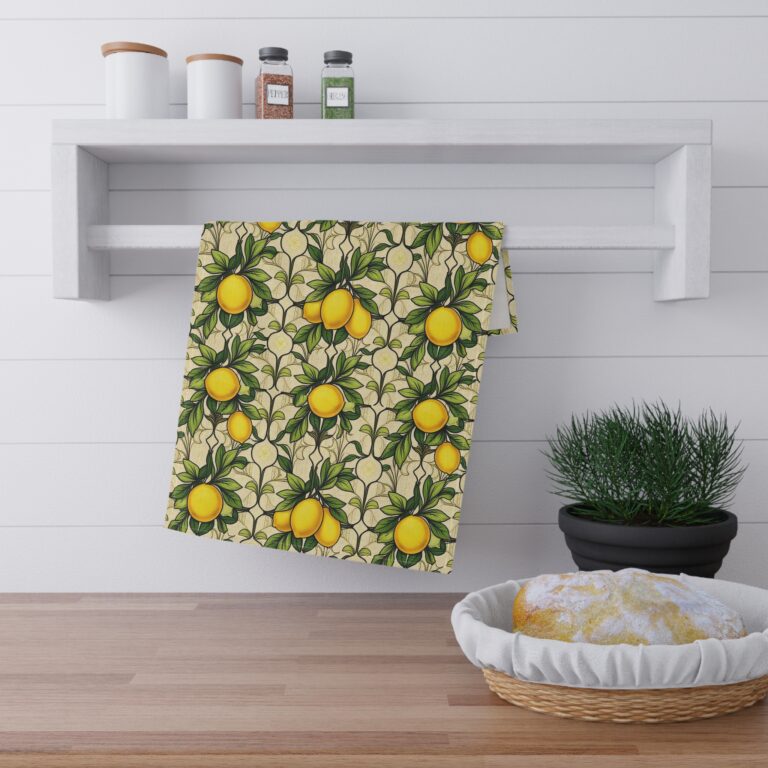 Lemon Grove Pattern Cotton Tea Towel — William Morris Inspired Citrus Zestful Art for Daily Rituals
