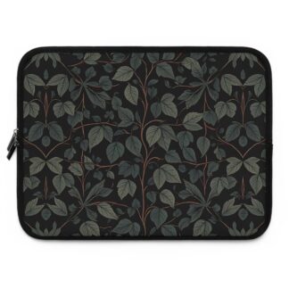 Black Gothic Victorian Laptop Sleeve — Dark Green Leaf Pattern, Botanical Vines