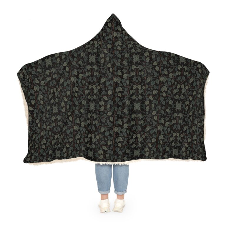 Big Oversize Black Hoodie Blanket — Dark Victorian Floral Vine Black Hooded Snuggle Blanket, Plush Sherpa Wrap for Cozy Nights