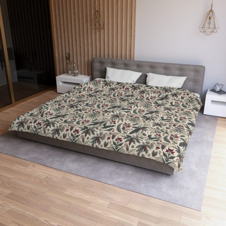 Evergreen Yuletide Botanicals Microfiber Duvet Cover β Wrapped In Winter Botanical Dreams, Vintage Floral Pattern