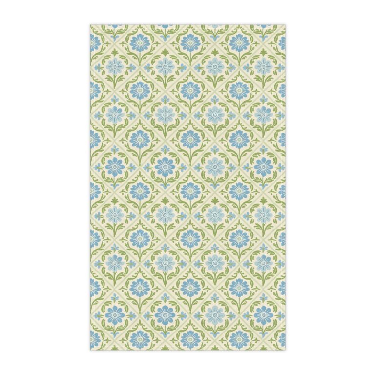 Tea Towel – Blue & Green Floral Tile Pattern Cotton Kitchen Towel, Vintage Charm for the Artisan Kitchen