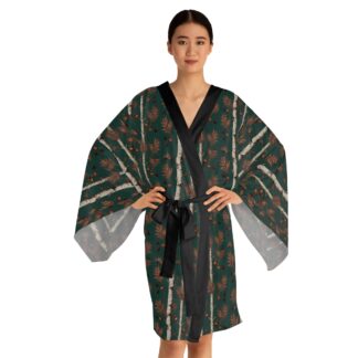 Artful Forest Kimono Robe - Vintage Dark Green Birch & Oak Leaf Pattern