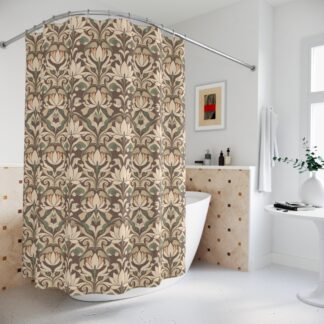 Vintage Floral Shower Curtain — Earthy Art Nouveau Lotus Pattern Water Lilies in Bronze Tones