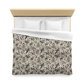Evergreen Yuletide Botanicals Microfiber Duvet Cover — Wrapped In Winter Botanical Dreams, Vintage Floral Pattern
